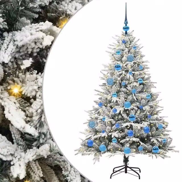 Albero di Natale artificiale verde con luci LED bianco caldo e set di palline in stile moderno con struttura in metallo e PVC
