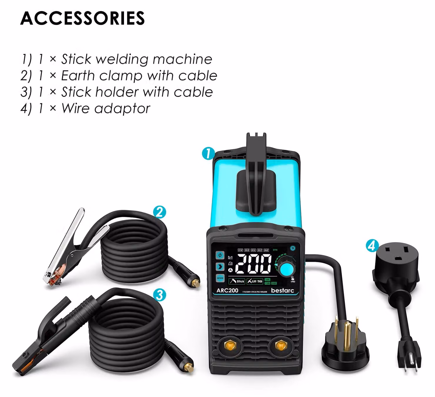 Saldatrice elettrica ad arco – MMA/ARC 200A, inverter – saldatura TIG (con accensione a sollevamento) – IGBT – 220–240V, spina europea – display LED – funzione "Hot Start"