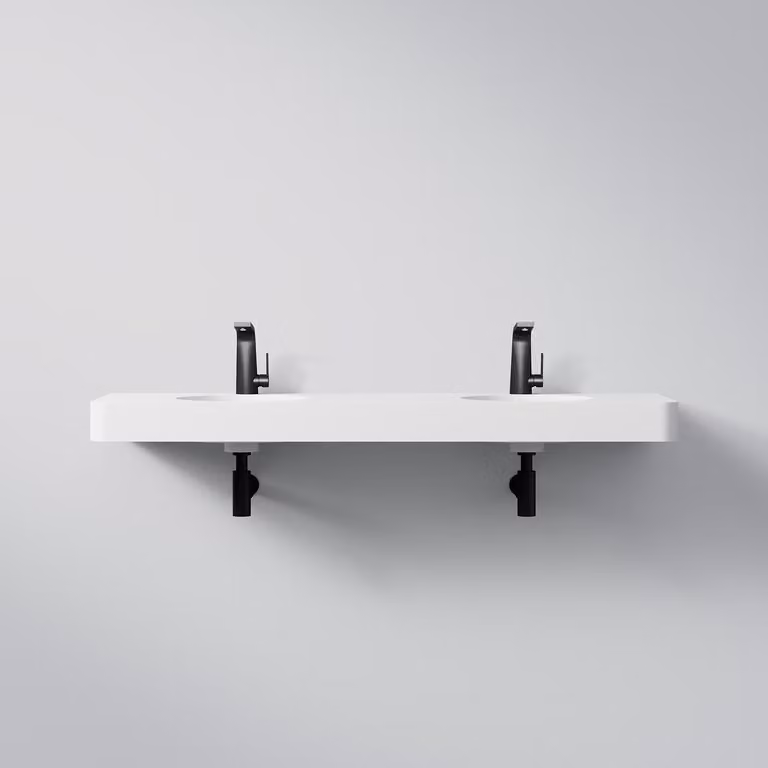 Steinberg Série 449 Double lavabo mural, 2 trous de robinetterie, avec trop-plein, 1500x480mm, blanc mat, 4497200W, 4497200W