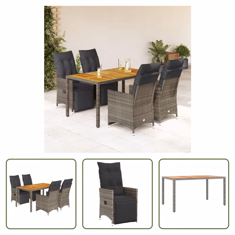 The Living Store Set da giardino bistrot 5 pezzi con cuscini in poly rattan grigio