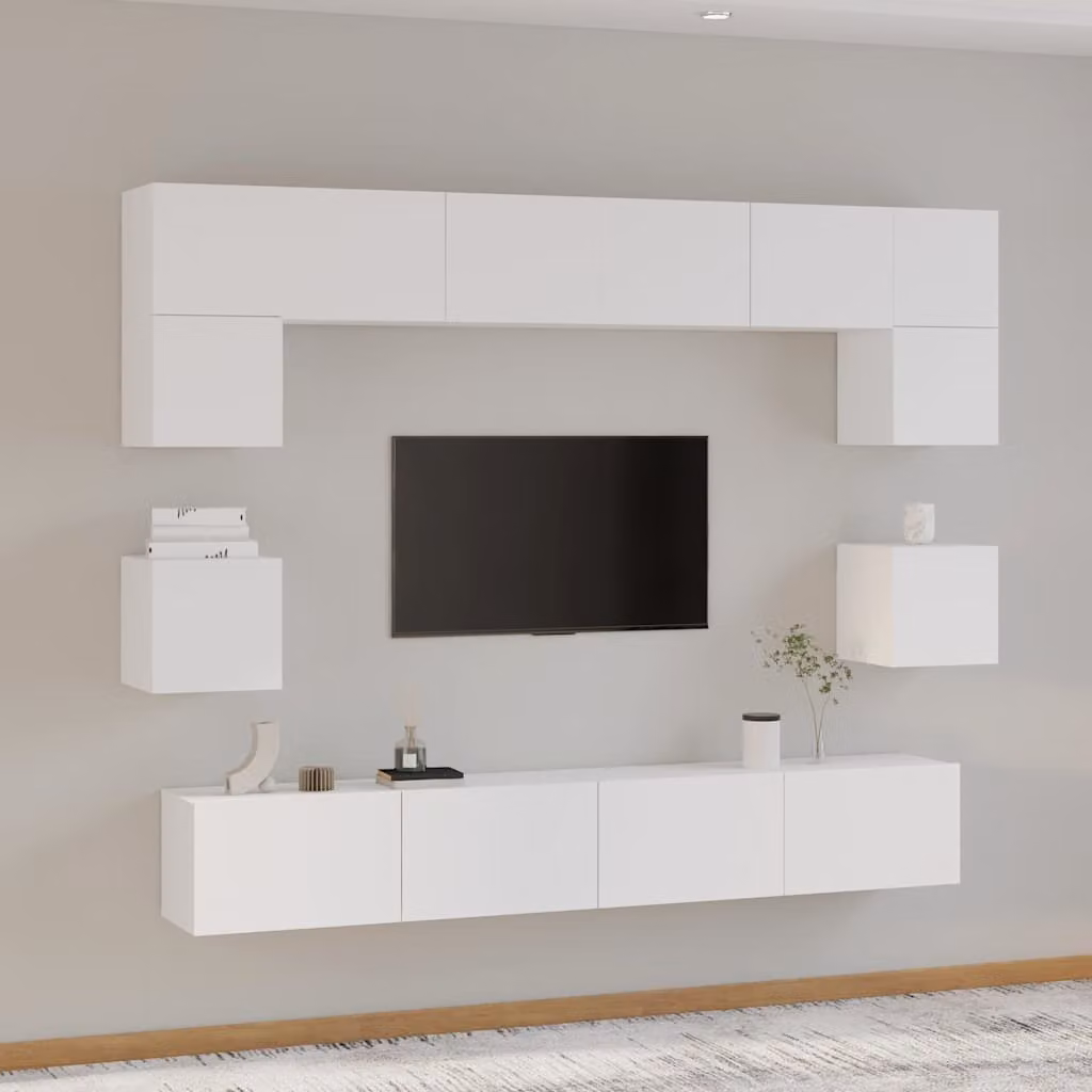 Set di mobili porta TV vidaXL da 8 pezzi in legno e MDF bianco opaco per soggiorno – 1
