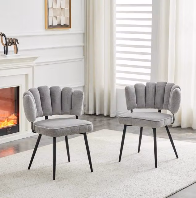 Sedia da pranzo moderna in velluto grigio con schienale a ventaglio e gambe in metallo nero, Altezza: 80 cm