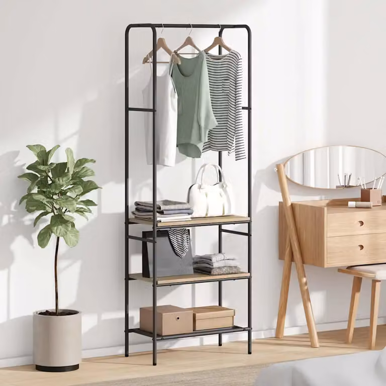 Stendibiancheria con appendiabiti vidaXL in stile industriale, colore Rovere Sonoma e Nero, L: 60 cm, P: 30 cm, H: 171 cm