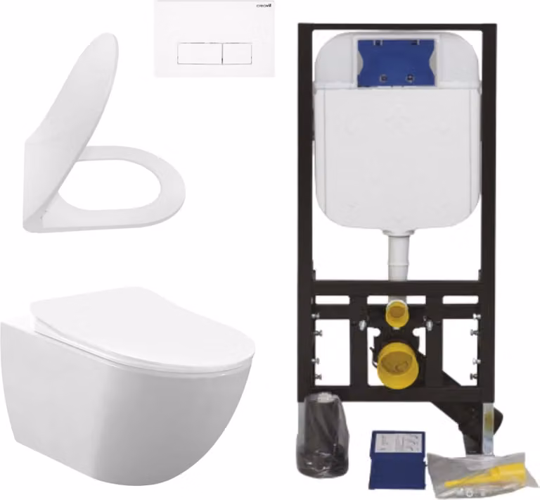 Set completo per WC sospeso Creavit, colore bianco, senza brida, sistema Rim-Off, 48,5 cm, con sedile Soft-Close, cassetta di scarico da incasso, capacità 3/6 litri