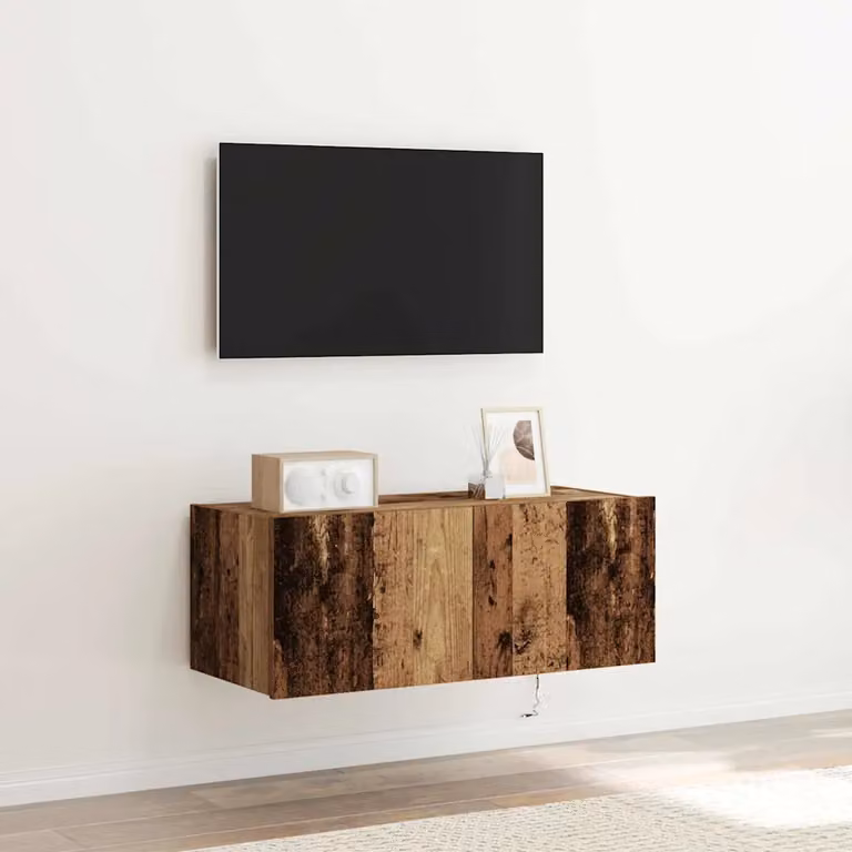Mobile TV da parete vidaXL in legno vecchio marrone con illuminazione integrata L 80 cm, P 35 cm, H 31 cm