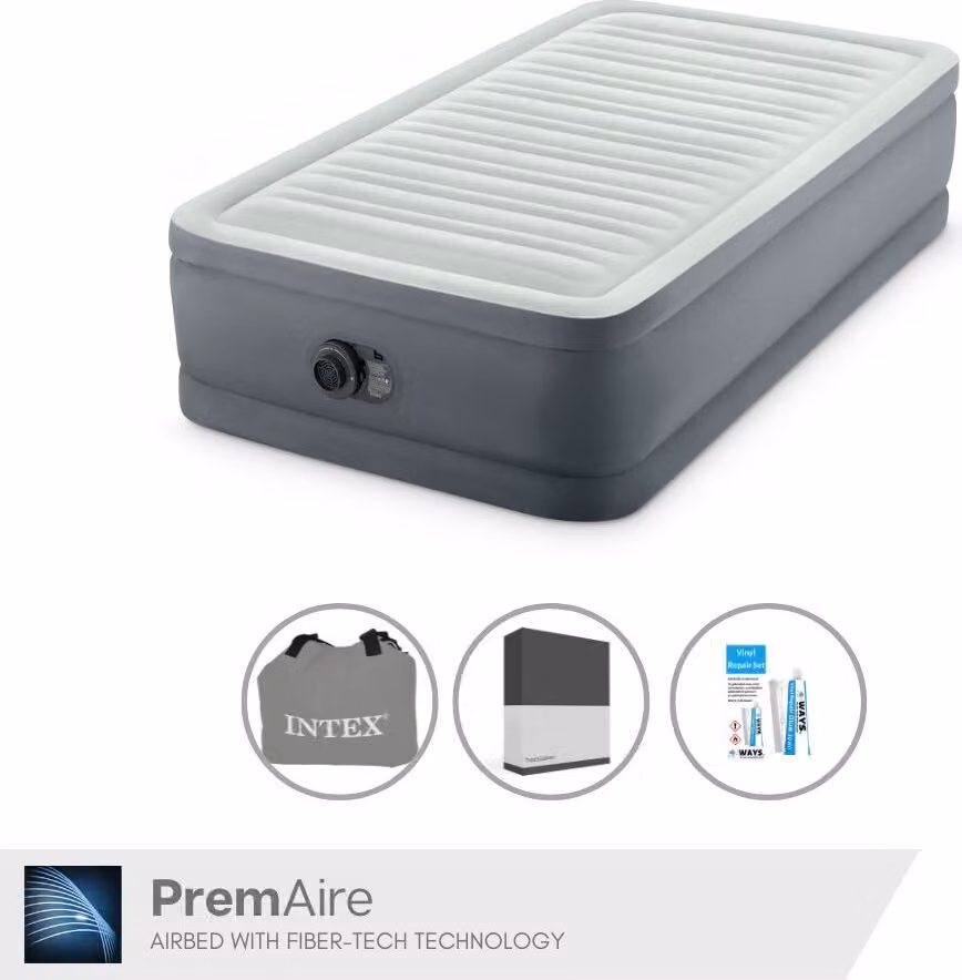 Intex Airbed - 1 persona - 99 x 191 x 46 cm - Grigio - Con pompa elettrica, lenzuolo nero e kit di riparazione