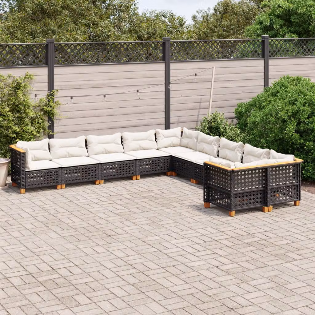 Set di Divani da Giardino vidaXL in Polyrattan e Legno di Acacia con Cuscini Imbottiti, Nero e Bianco – 1