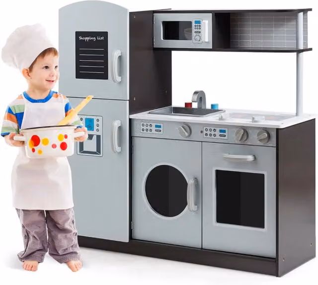 Set da cucina per bambini moderno in MDF con lavello, fornello, frigorifero e ampio spazio di archiviazione, marrone e grigio, L/P/H: 83,8 x 28,0 x 81,3 cm