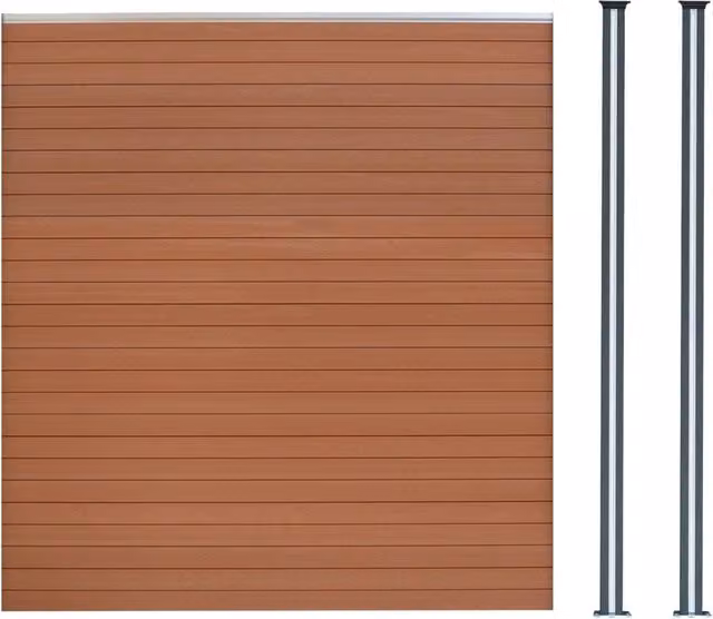 Pannello Recinzione + 2 Pali Alluminio LED Marrone Doghe PVC 185cm