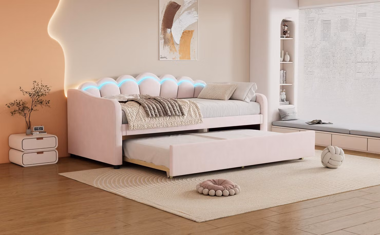 okwish divano letto daybed 90x200cm con sottopiano estraibile 90x190cm e rete a doghe, daybed letto per bambini letto per ragazzi con luce ambiente cambia colore (senza materasso) - rosa