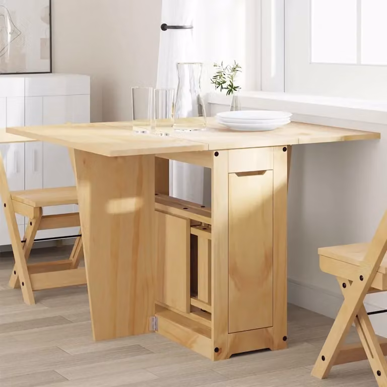 Tavolo da pranzo estensibile in legno di pino color marrone e beige con piano a ribalta e finitura cerata