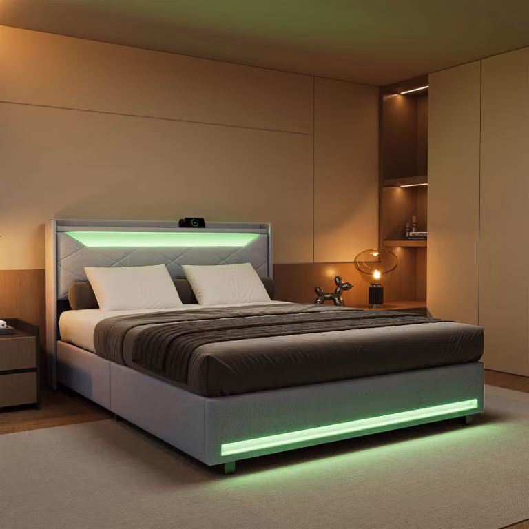 Letto imbottito UnboxG 140×200 cm in grigio, con contenitore, illuminazione LED, porta di ricarica USB e molla a gas - letto matrimoniale moderno