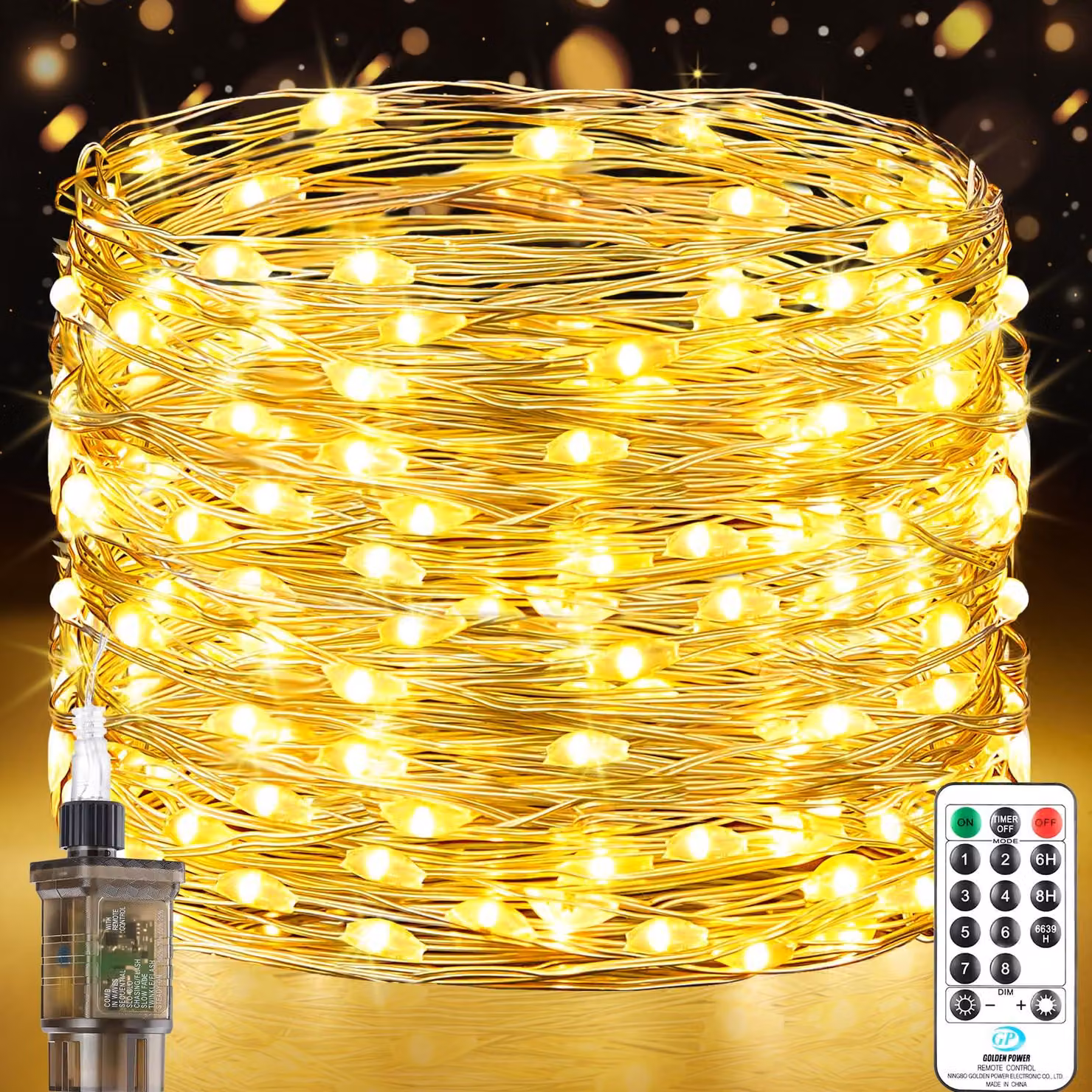 Catena luminosa da 23 metri, con 200 LED, luce bianco caldo, impermeabile, 8 modalità