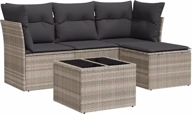 Set Divano da Giardino 5pz | Set Salotto da Giardino con Cuscini Grigio Chiaro Polyrattan
