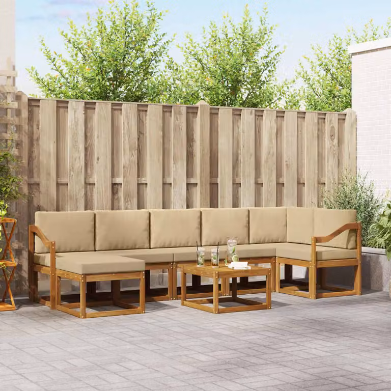 Set di divani da esterno vidaXL a forma di L composto da 8 pezzi in legno di acacia con cuscini beige e marrone per giardino e terrazza