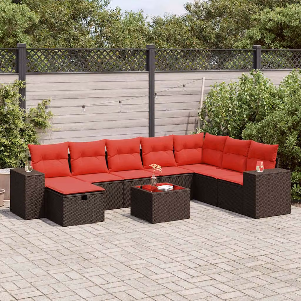 Set Divani da Giardino vidaXL 9 Pezzi a Forma di U con Cuscini Marrone e Rosso in Polyrattan e Metallo
