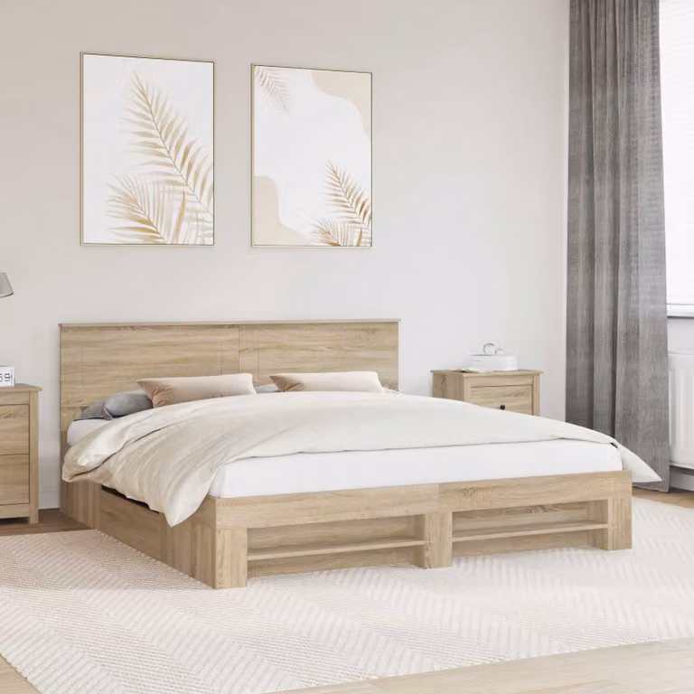 Struttura del letto con testiera vidaXL in legno Rovere Sonoma, colore marrone, 200 x 200 cm