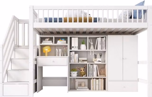 Letto a castello multifunzionale REDOM per bambini con scala e cassetti, colore bianco, L/P/H: 200 x 90 x 120 cm