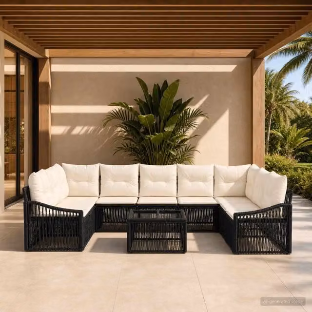 Set Divano da Giardino vidaXL a Forma a U in Polyrattan Nero con Cuscini e Tavolino da Caffè – 1