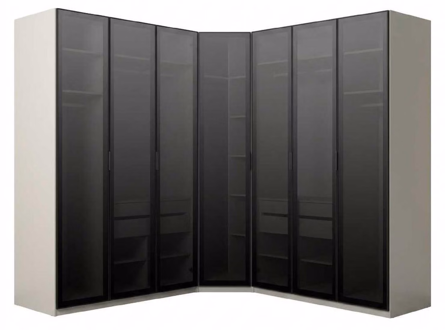Armadio angolare beige e nero, design moderno ed elegante, con ante in vetro