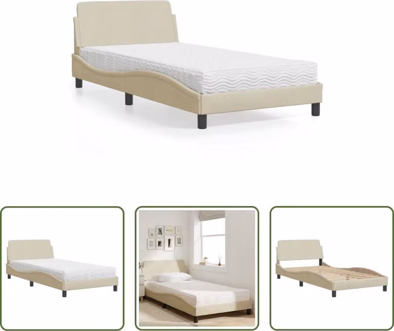 The Living Store Letto con materasso crema 100x200 cm in tessuto