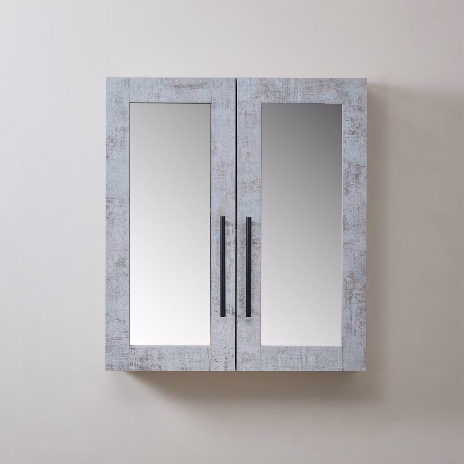 Mobiletto a Specchio da 900mm x 650mm Grigio Cemento - Completo di Maniglie Moderne a Barra Nere - Cluo