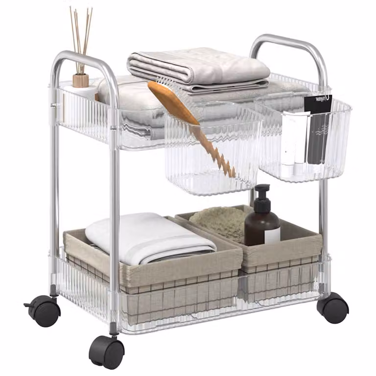 vidaXL Carrello Portaoggetti a 2 Livelli in Acrilico Trasparente con Dettagli Argento L/P/H: 37 x 28 x 43,5 cm