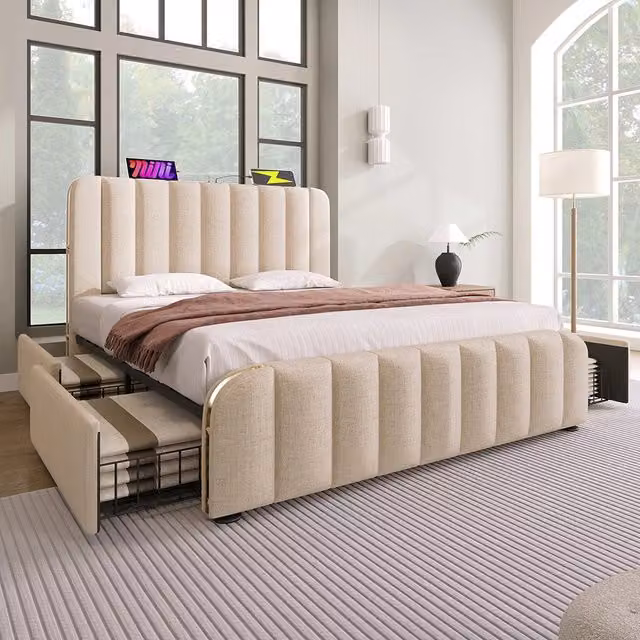 Letto imbottito con 4 cassetti - Xylo - 160x200 cm - Beige - Testiera imbottita doppia, funzione di ricarica USB Type-C