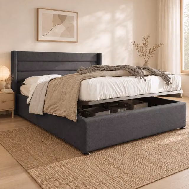 Letto matrimoniale imbottito 140 × 200 cm con contenitore idraulico in lino grigio con testiera imbottita