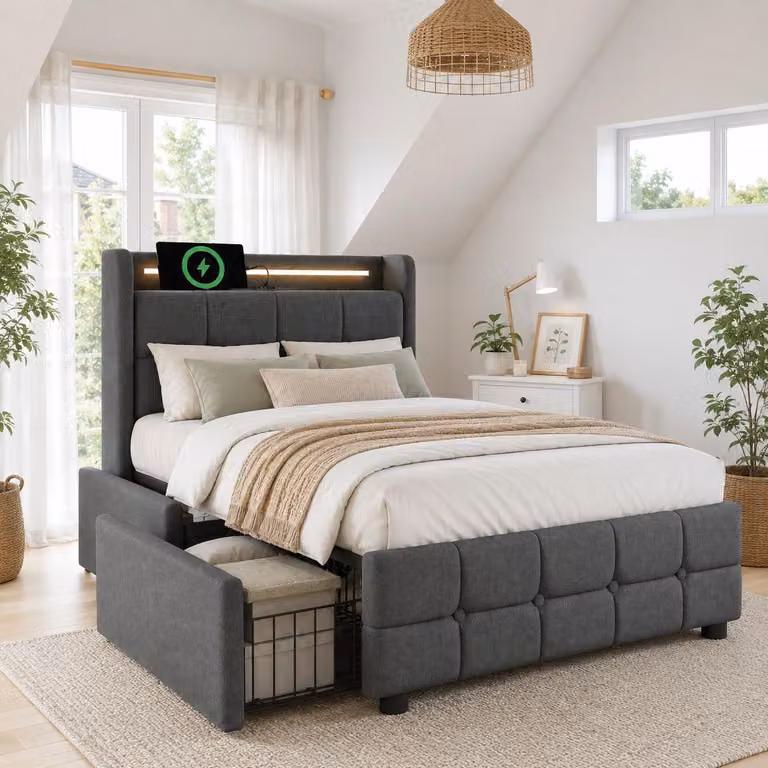 Letto imbottito 90x200 cm con illuminazione LED, 2 porte USB e 2 prese di corrente, 2 cassetti, ripiano imbottito nella testiera, rete a doghe in legno, colore grigio, senza materasso