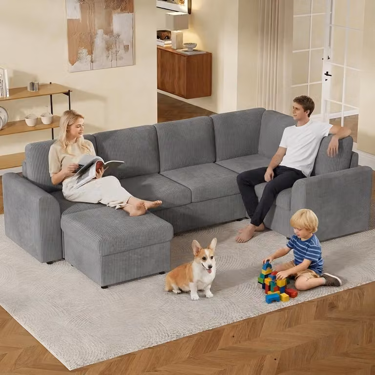 Merax, divano ad angolo a forma di U a 4 posti con 2 pouf contenitori, divano letto modulare, divano in ciniglia, divano per soggiorno e camera degli ospiti, grigio