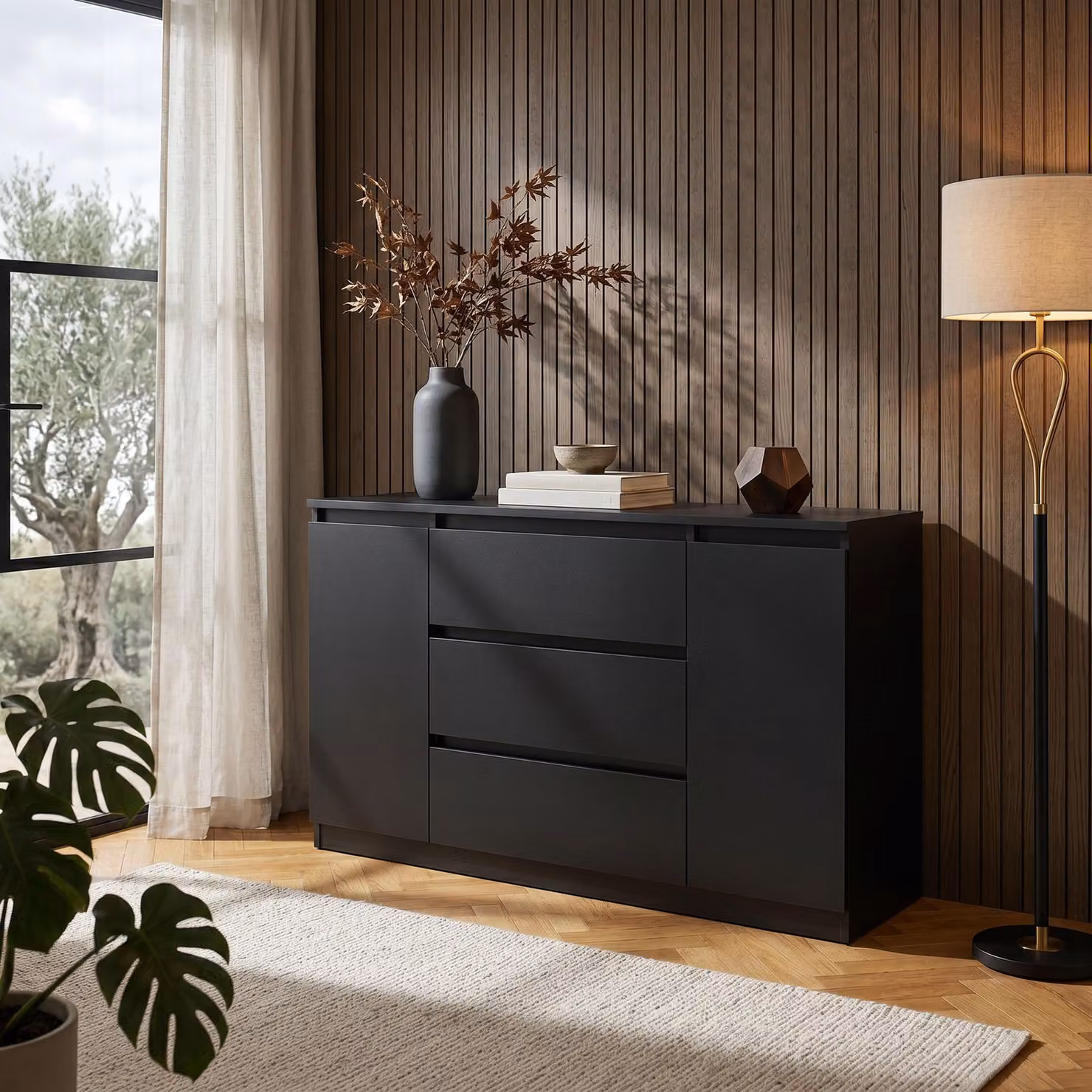 Comodà Masseno NUDO da 138,5 cm con 3 cassetti e 2 ante per soggiorno e camera da letto, stile moderno, 138,5 x 39 x 78,2 cm, nero / nero