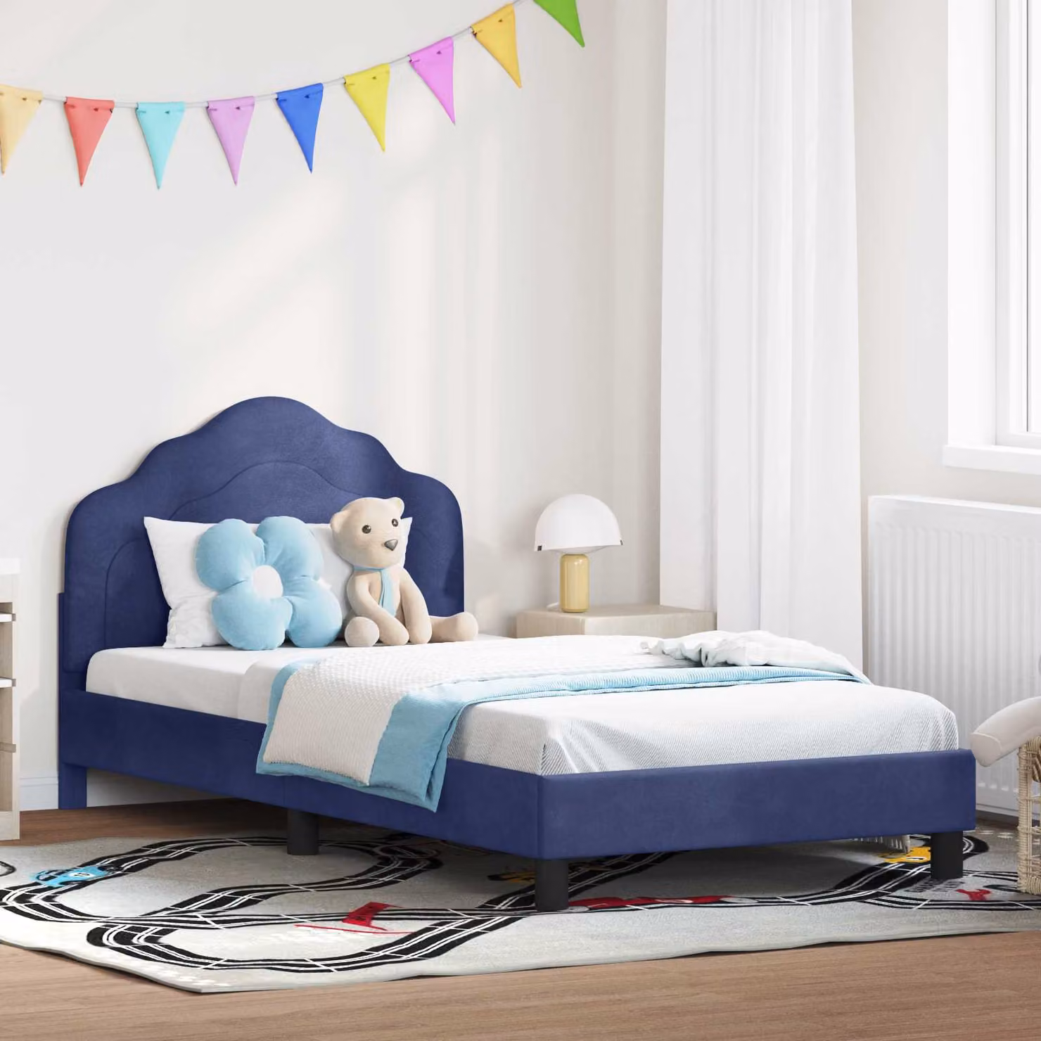 Struttura letto per bambini vidaXL in legno e velluto blu, L 200 x P 80 x H 84 cm