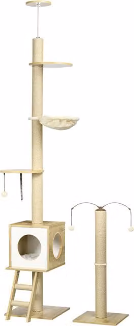 Albero per Gatti PawHut in Legno con Casetta, Amaca e Tiragraffi, Colore Marrone e Beige, L/P/H: 40 x 40 x 225-285 cm – 1