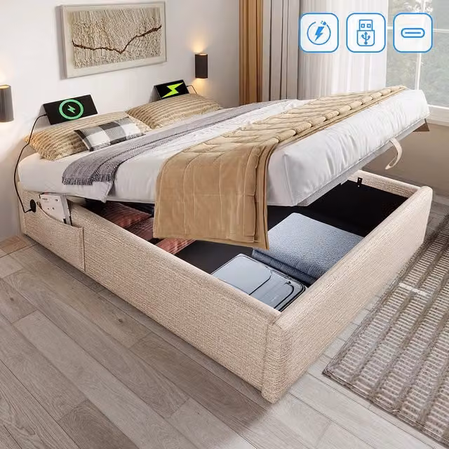 Letto matrimoniale imbottito con USB-C - Xylo - 140x200 cm - Naturale