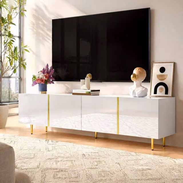 Mobile TV 170x35x46 cm bianco in MDF con 4 ante e chiusura ammortizzata