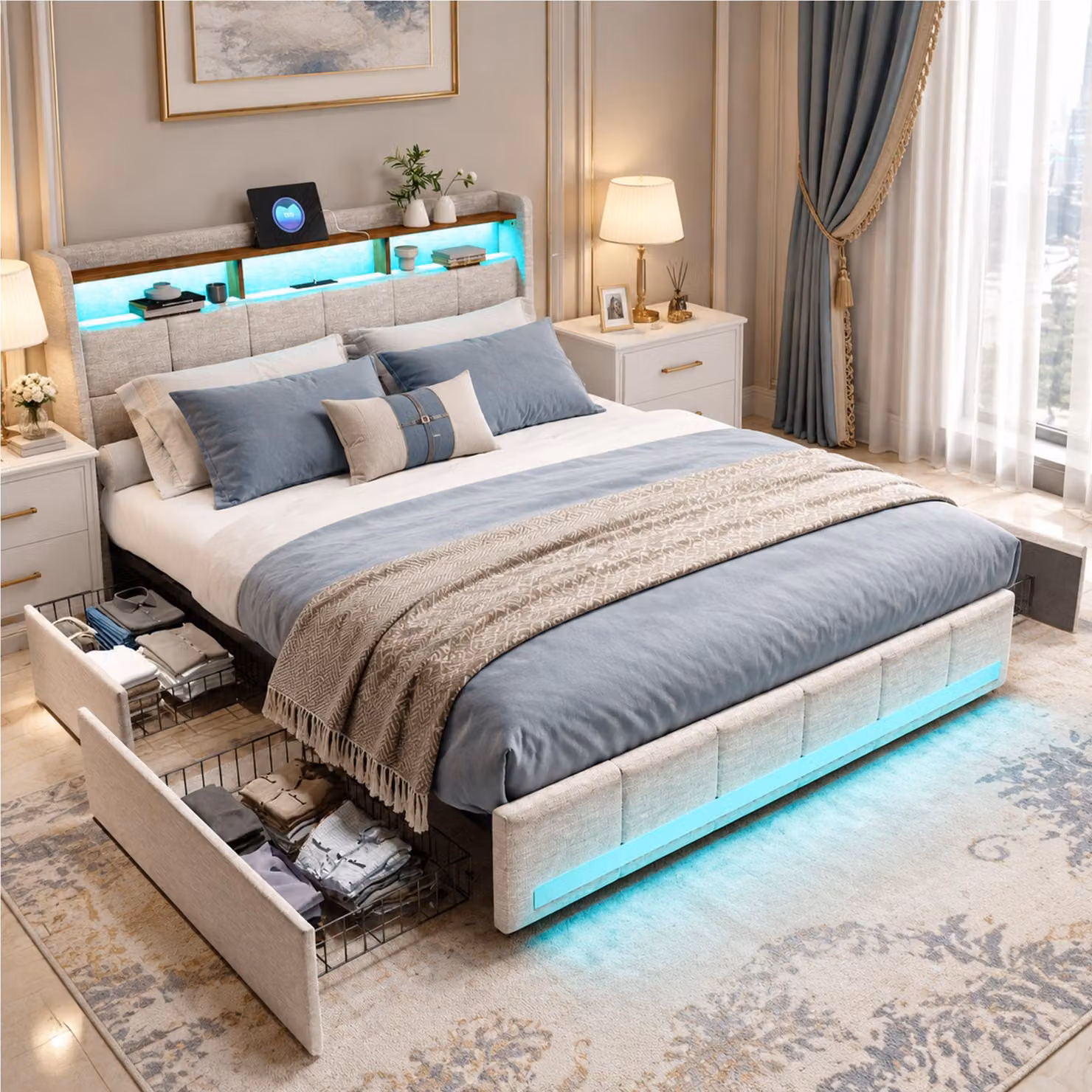 Letto imbottito INONEFT, 160x200 cm, con 4 cassetti, letto per ragazzi/coppie con LED e USB/Type-C, struttura letto con contenitore, rete a listelli, colore: lino, beige