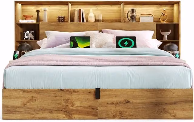 Letto matrimoniale 160x200 cm con contenitore; LED e USB; MDF e metallo; colore rovere