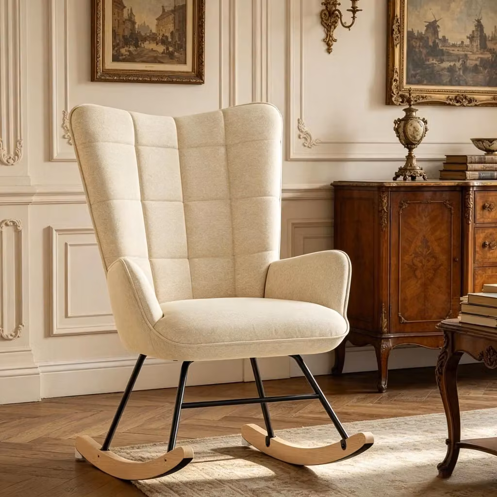 Sedia a dondolo WISHDOR in velluto beige con schienale alto, braccioli e struttura in metallo e legno in stile scandinavo – 2