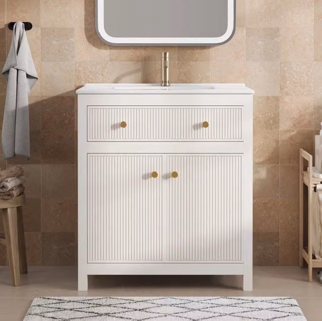 Mobile bagno bianco 81x46,5 cm con lavabo in ceramica, 1 cassetto soft-close e 1 anta con mensole interne