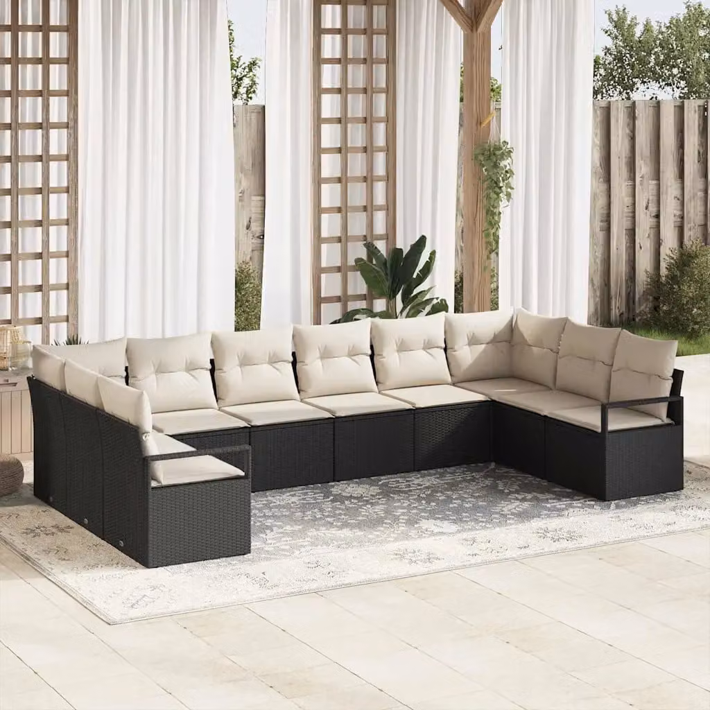 Set di divani da giardino vidaXL a forma di U in rattan nero con cuscini beige e struttura in acciaio rivestito in polvere – 1