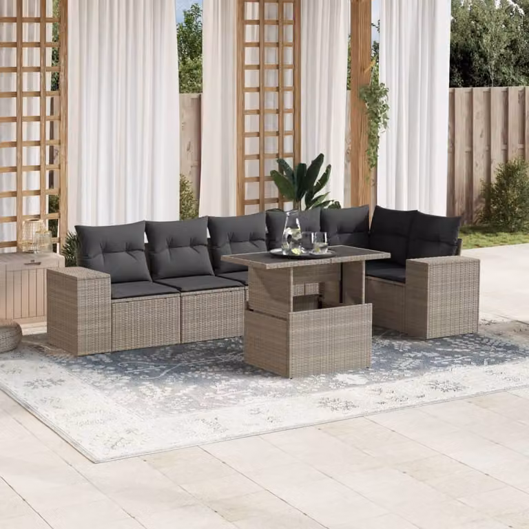Set di Divani da Giardino vidaXL a Forma di L con 7 Pezzi, Colore Antracite, con Cuscini e Tavolino da Esterno