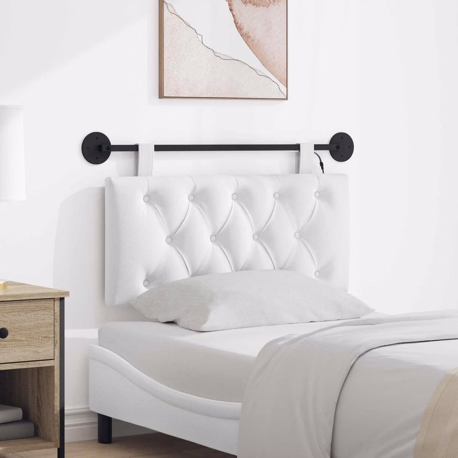Testiera per letto sospesa vidaXL con luce LED integrata in tessuto bianco