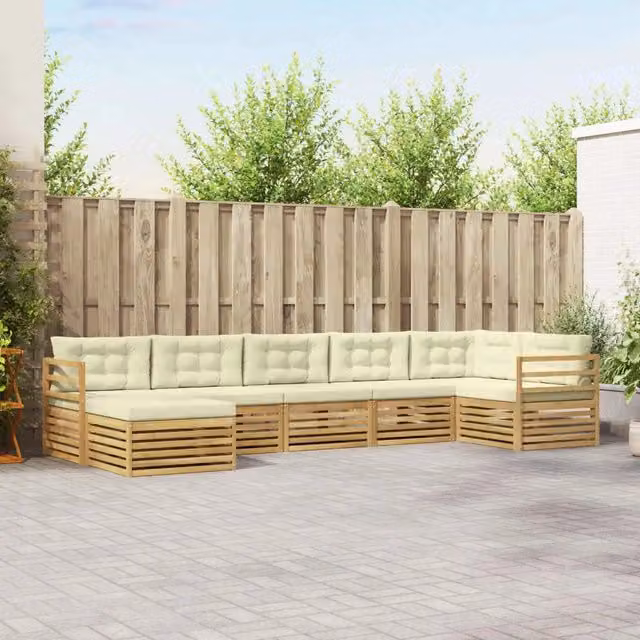 Set di divani da esterno vidaXL a forma di L composto da 7 pezzi in legno di acacia con cuscini bianchi e beige – 1