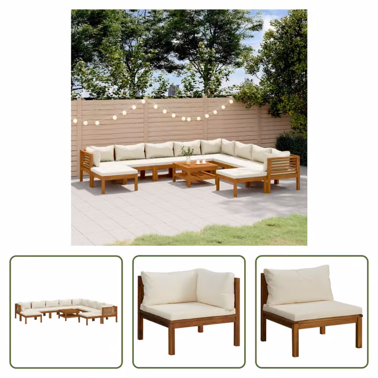The Living Store Set da giardino da 11 pezzi con cuscini crema Legno massiccio di acacia