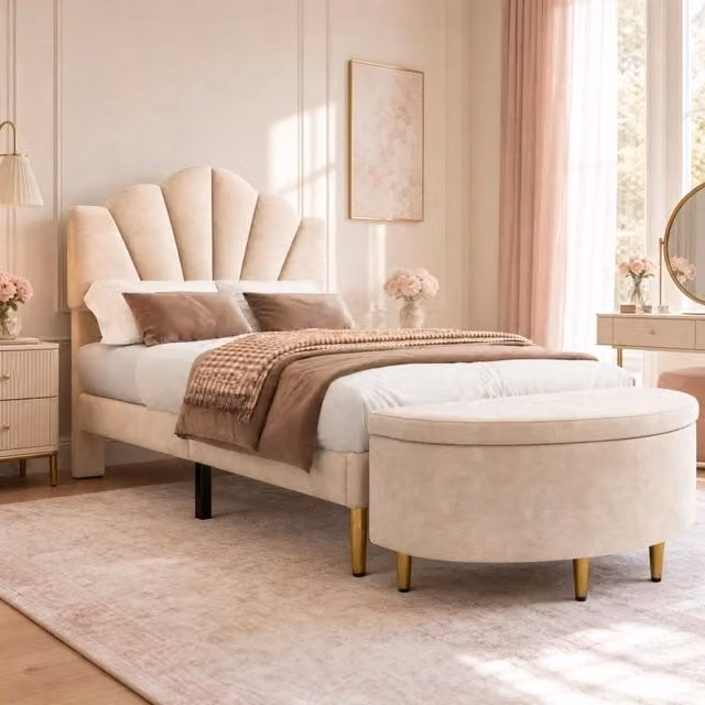 Letto imbottito matrimoniale 90x200 cm in velluto beige con testiera regolabile e rete a doghe