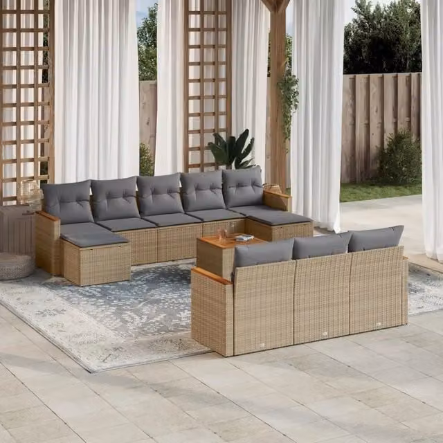 vidaXL Set Divani da Giardino 11 pz in Polyrattan con Cuscini Beige e Grigio per Terrazza e Giardino – 1