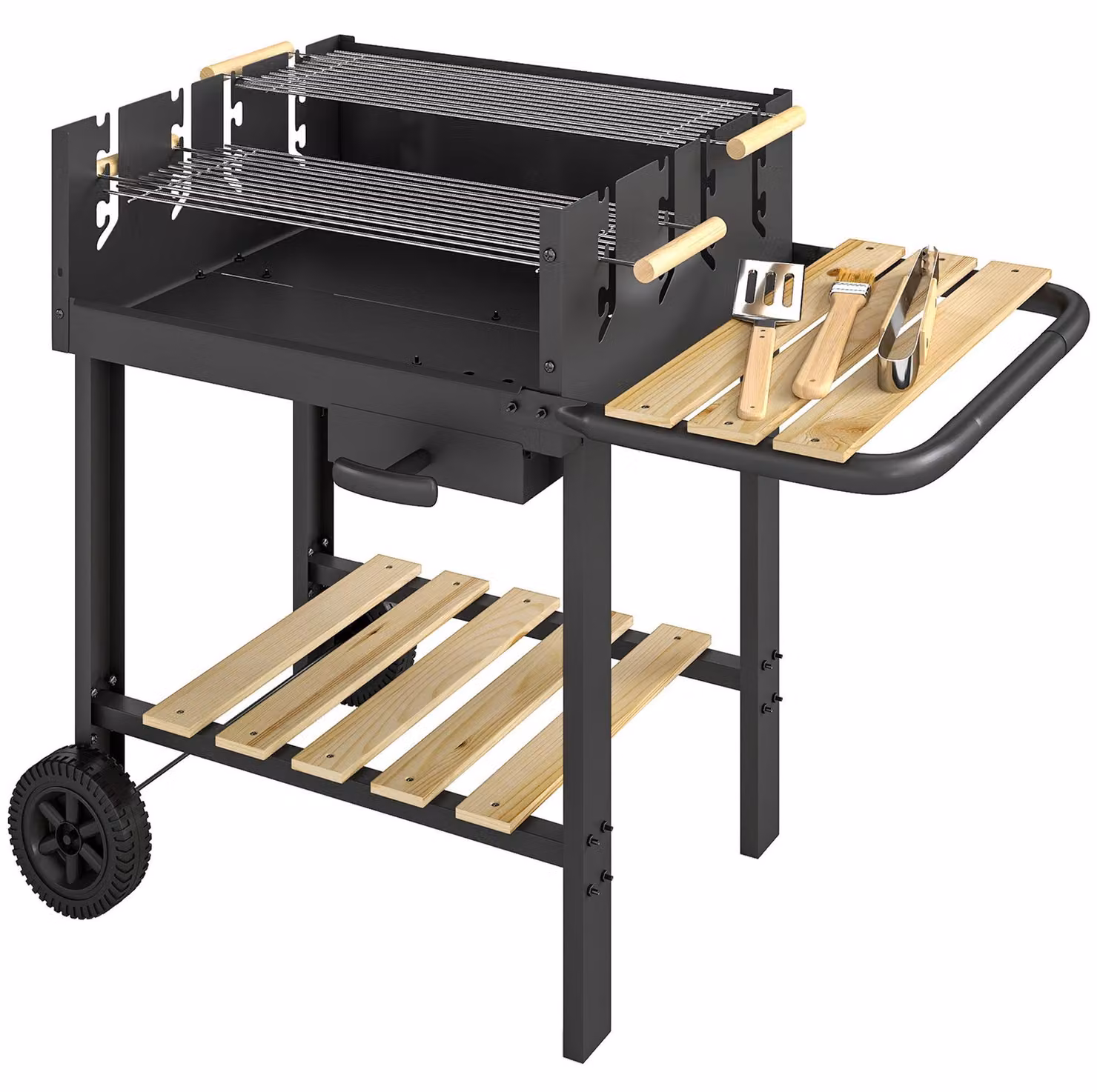 Griglia per barbecue a carbone, con carrello e griglia regolabile | Colore: nero | Dimensioni: 99,5 x 58 x 82 cm