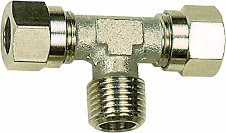 Raccordo a T a vite Riegler, R 3/8 a., Ø esterno tubo 10 mm, MS nichelato.