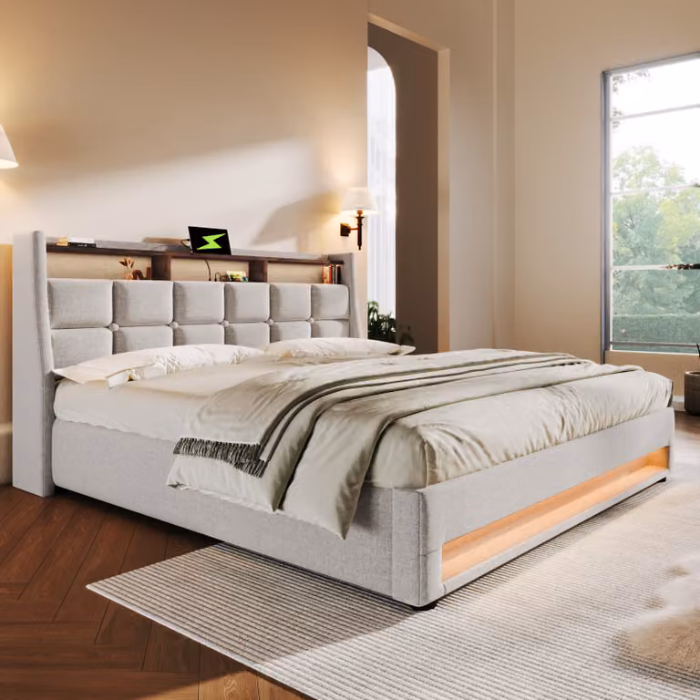 Letti boxspring STILVORA, letto imbottito 140x200 cm, letto per ragazzi, struttura letto con contenitore idraulico dotato di illuminazione a LED e porta USB, tessuto di lino, beige (senza materasso)